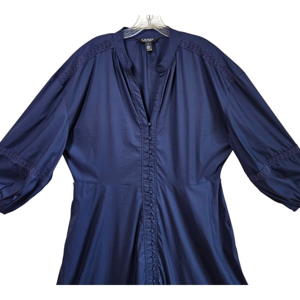 LAUREN RALPH LAUREN Women's 16 Midi Shirt Dress Buttons Crochet Trim Navy - Picture 3 of 9